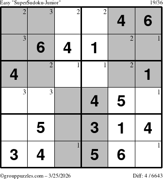 The grouppuzzles.com Easy SuperSudoku-Junior puzzle for Wednesday March 25, 2026 with the first 3 steps marked