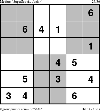 The grouppuzzles.com Medium SuperSudoku-Junior puzzle for Wednesday March 25, 2026