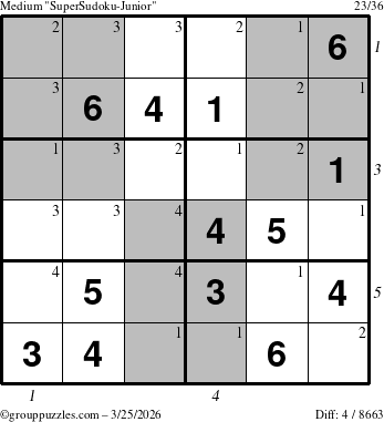 The grouppuzzles.com Medium SuperSudoku-Junior puzzle for Wednesday March 25, 2026 with all 4 steps marked