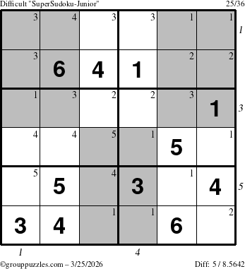 The grouppuzzles.com Difficult SuperSudoku-Junior puzzle for Wednesday March 25, 2026, suitable for printing, with all 5 steps marked