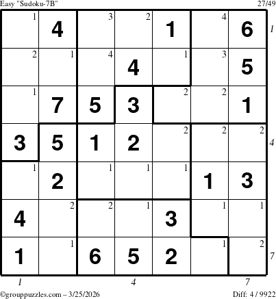 The grouppuzzles.com Easy Sudoku-7B puzzle for Wednesday March 25, 2026 with all 4 steps marked