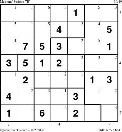 The grouppuzzles.com Medium Sudoku-7B puzzle for Wednesday March 25, 2026 with all 6 steps marked