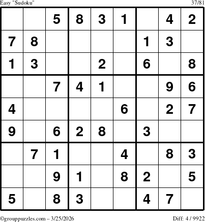 The grouppuzzles.com Easy Sudoku puzzle for Wednesday March 25, 2026