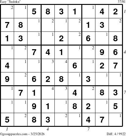 The grouppuzzles.com Easy Sudoku puzzle for Wednesday March 25, 2026 with all 4 steps marked