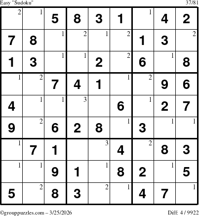 The grouppuzzles.com Easy Sudoku puzzle for Wednesday March 25, 2026 with the first 3 steps marked