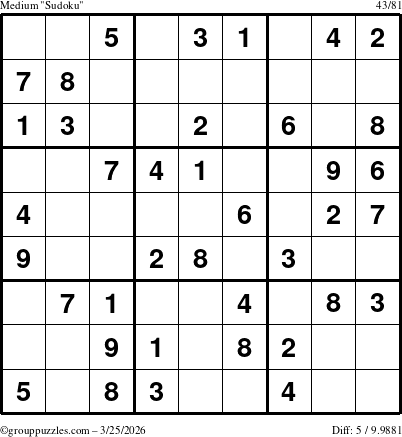The grouppuzzles.com Medium Sudoku puzzle for Wednesday March 25, 2026