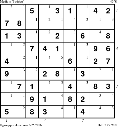 The grouppuzzles.com Medium Sudoku puzzle for Wednesday March 25, 2026 with all 5 steps marked