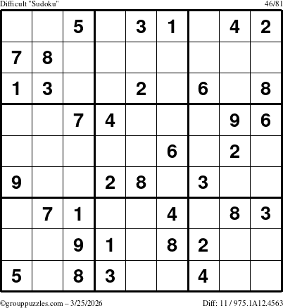 The grouppuzzles.com Difficult Sudoku puzzle for Wednesday March 25, 2026