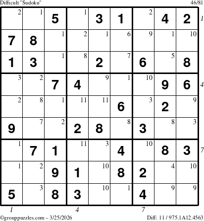 The grouppuzzles.com Difficult Sudoku puzzle for Wednesday March 25, 2026, suitable for printing, with all 11 steps marked