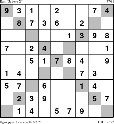 The grouppuzzles.com Easy Sudoku-X puzzle for Wednesday March 25, 2026