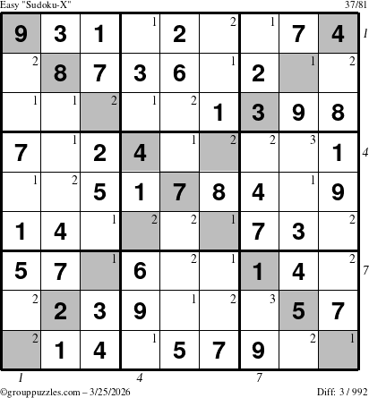 The grouppuzzles.com Easy Sudoku-X puzzle for Wednesday March 25, 2026 with all 3 steps marked