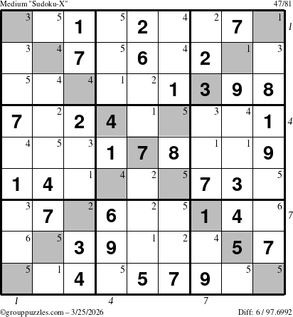 The grouppuzzles.com Medium Sudoku-X puzzle for Wednesday March 25, 2026 with all 6 steps marked
