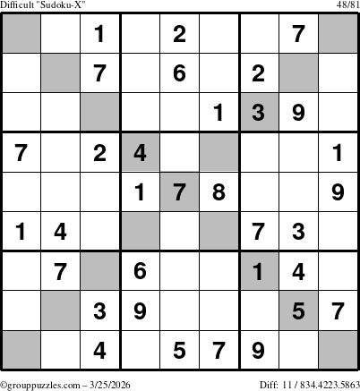 The grouppuzzles.com Difficult Sudoku-X puzzle for Wednesday March 25, 2026
