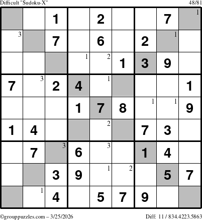 The grouppuzzles.com Difficult Sudoku-X puzzle for Wednesday March 25, 2026 with the first 3 steps marked