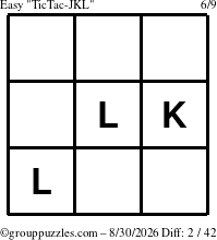 The grouppuzzles.com Easy TicTac-JKL puzzle for Sunday August 30, 2026