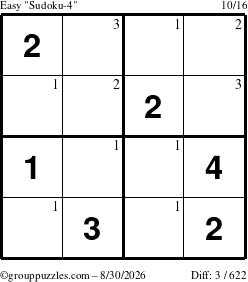 The grouppuzzles.com Easy Sudoku-4 puzzle for Sunday August 30, 2026 with the first 3 steps marked