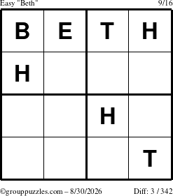 The grouppuzzles.com Easy Beth puzzle for Sunday August 30, 2026