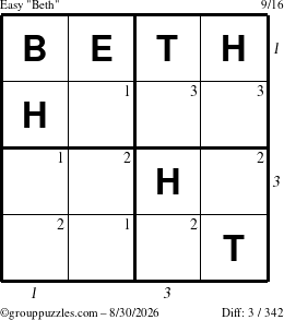 The grouppuzzles.com Easy Beth puzzle for Sunday August 30, 2026 with all 3 steps marked