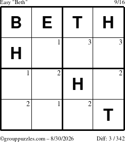 The grouppuzzles.com Easy Beth puzzle for Sunday August 30, 2026 with the first 3 steps marked
