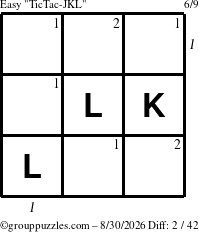 The grouppuzzles.com Easy TicTac-JKL puzzle for Sunday August 30, 2026 with all 2 steps marked