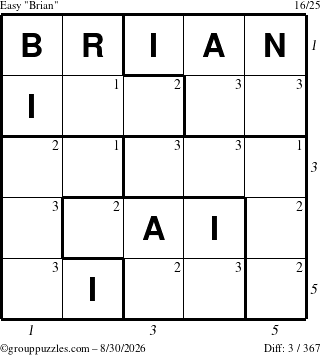 The grouppuzzles.com Easy Brian puzzle for Sunday August 30, 2026 with all 3 steps marked