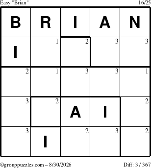 The grouppuzzles.com Easy Brian puzzle for Sunday August 30, 2026 with the first 3 steps marked