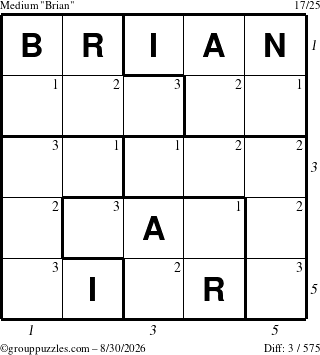 The grouppuzzles.com Medium Brian puzzle for Sunday August 30, 2026, suitable for printing, with all 3 steps marked