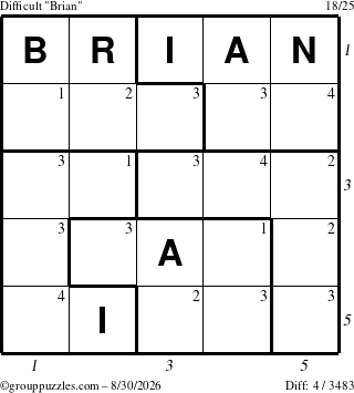 The grouppuzzles.com Difficult Brian puzzle for Sunday August 30, 2026 with all 4 steps marked
