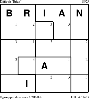 The grouppuzzles.com Difficult Brian puzzle for Sunday August 30, 2026 with the first 3 steps marked