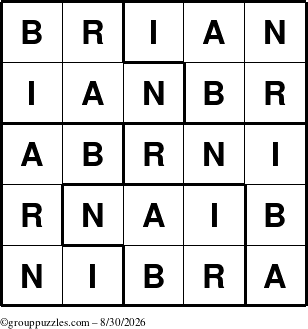 The grouppuzzles.com Answer grid for the Brian puzzle for Sunday August 30, 2026