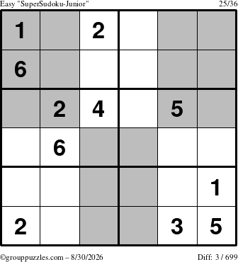 The grouppuzzles.com Easy SuperSudoku-Junior puzzle for Sunday August 30, 2026