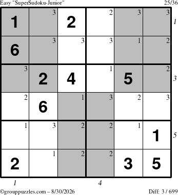 The grouppuzzles.com Easy SuperSudoku-Junior puzzle for Sunday August 30, 2026 with all 3 steps marked