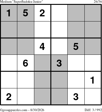 The grouppuzzles.com Medium SuperSudoku-Junior puzzle for Sunday August 30, 2026