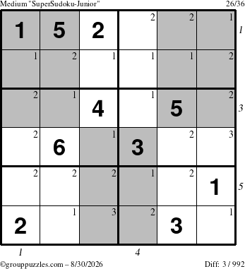 The grouppuzzles.com Medium SuperSudoku-Junior puzzle for Sunday August 30, 2026 with all 3 steps marked