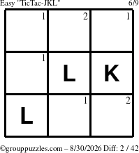 The grouppuzzles.com Easy TicTac-JKL puzzle for Sunday August 30, 2026 with the first 2 steps marked