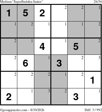 The grouppuzzles.com Medium SuperSudoku-Junior puzzle for Sunday August 30, 2026 with the first 3 steps marked