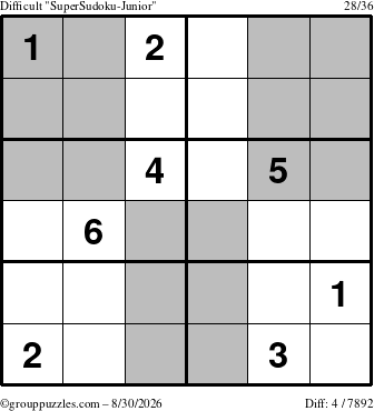 The grouppuzzles.com Difficult SuperSudoku-Junior puzzle for Sunday August 30, 2026