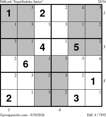 The grouppuzzles.com Difficult SuperSudoku-Junior puzzle for Sunday August 30, 2026 with all 4 steps marked