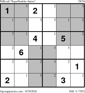 The grouppuzzles.com Difficult SuperSudoku-Junior puzzle for Sunday August 30, 2026 with the first 3 steps marked