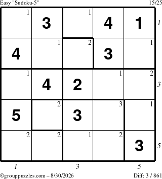 The grouppuzzles.com Easy Sudoku-5 puzzle for Sunday August 30, 2026 with all 3 steps marked