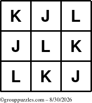 The grouppuzzles.com Answer grid for the TicTac-JKL puzzle for Sunday August 30, 2026