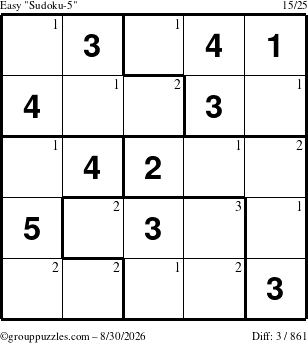 The grouppuzzles.com Easy Sudoku-5 puzzle for Sunday August 30, 2026 with the first 3 steps marked