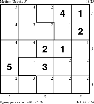 The grouppuzzles.com Medium Sudoku-5 puzzle for Sunday August 30, 2026 with all 4 steps marked