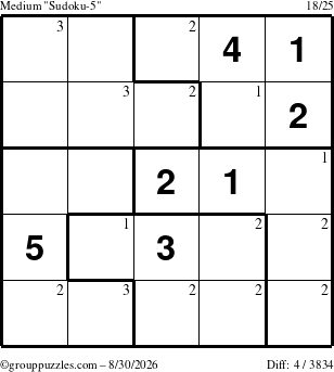 The grouppuzzles.com Medium Sudoku-5 puzzle for Sunday August 30, 2026 with the first 3 steps marked