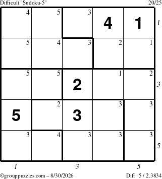 The grouppuzzles.com Difficult Sudoku-5 puzzle for Sunday August 30, 2026 with all 5 steps marked