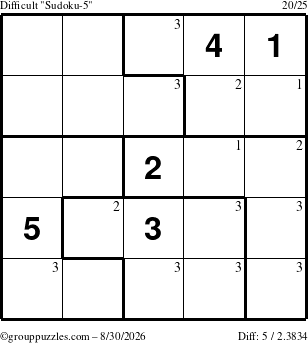 The grouppuzzles.com Difficult Sudoku-5 puzzle for Sunday August 30, 2026 with the first 3 steps marked