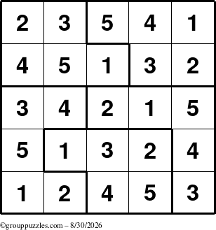 The grouppuzzles.com Answer grid for the Sudoku-5 puzzle for Sunday August 30, 2026