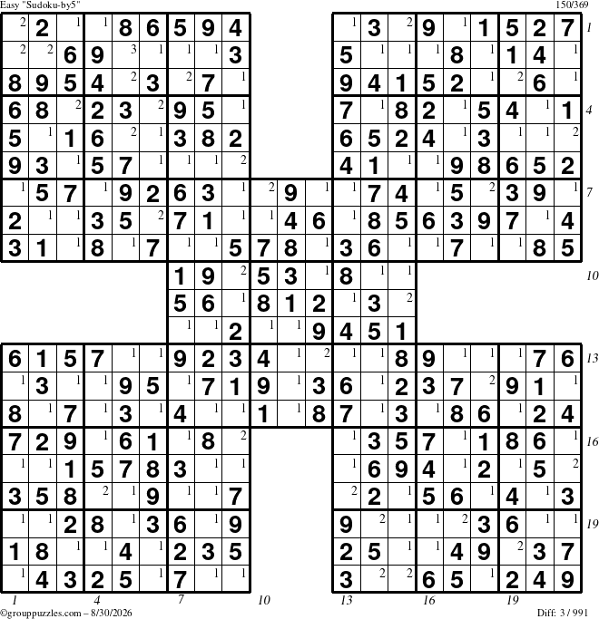 The grouppuzzles.com Easy Sudoku-by5 puzzle for Sunday August 30, 2026, suitable for printing, with all 3 steps marked