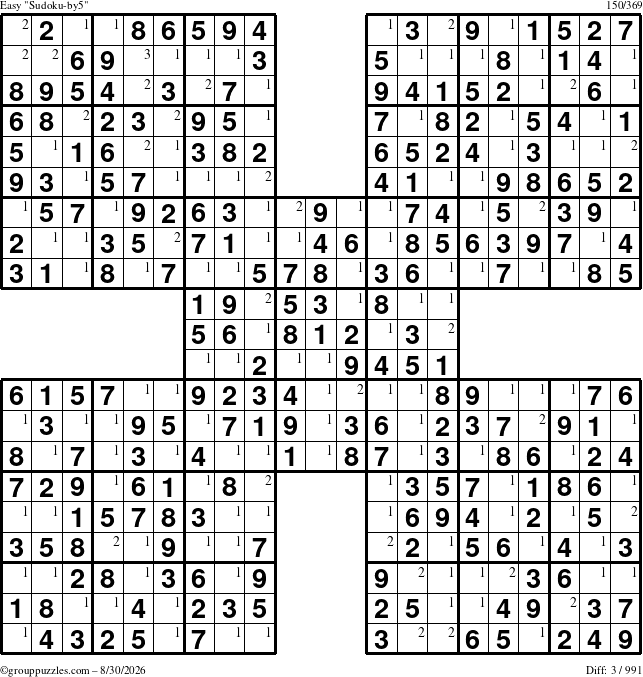 The grouppuzzles.com Easy Sudoku-by5 puzzle for Sunday August 30, 2026 with the first 3 steps marked