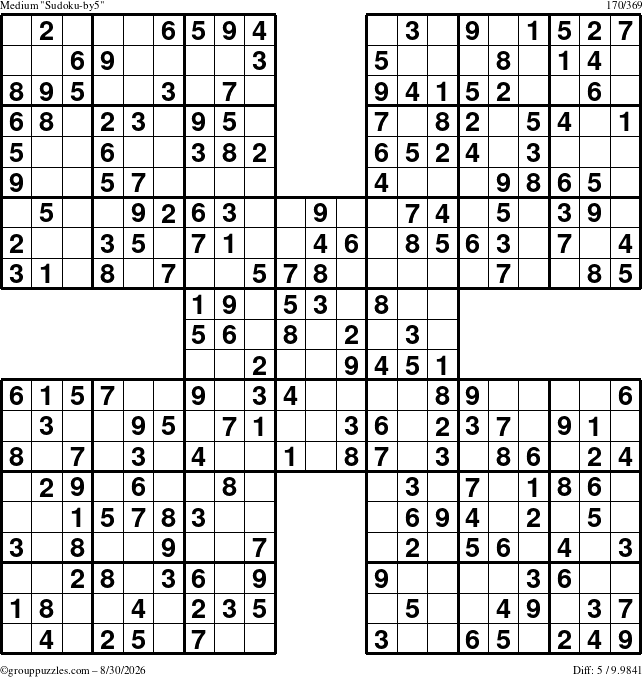 The grouppuzzles.com Medium Sudoku-by5 puzzle for Sunday August 30, 2026
